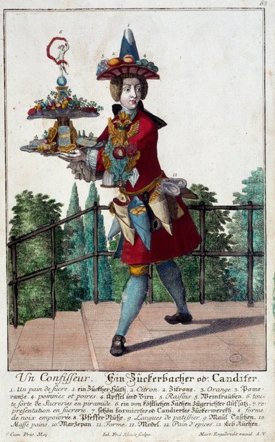 O doceiro: um jovem segurando uma bandeja de doces e confeitaria. Gravura de Martin Engelbrecht (1684-1756) Século XVIII. Paris, Artes Decorativas de Martin Engelbrecht