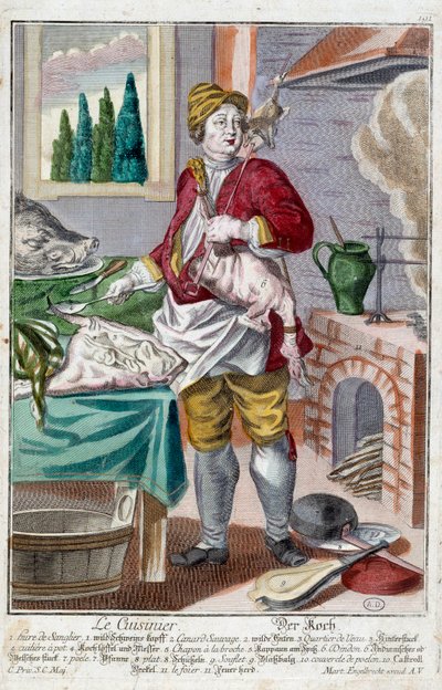 O cozinheiro. Gravura de Martin Engelbrecht (1684-1756), em "New assembly of the manouvries habilles", século XVIII, Alemanha. Paris, Artes Decorativas de Martin Engelbrecht