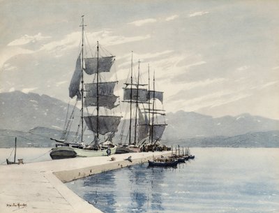 Navios à vela num cais (aguarela sobre papel) de Martin Hardie