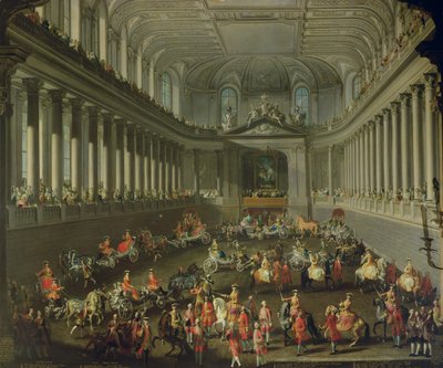 Uma Cavalgada na Escola de Equitação de Inverno do Hof de Viena para celebrar a derrota do exército francês em Praga, em 1743 (para detalhes, ver 66596 e 66708) de Martin II Mytens or Meytens