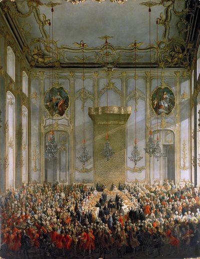Banquete da corte na Grande Antecâmara do Palácio de Hofburg, Viena (para detalhes ver 68229) de Martin II Mytens or Meytens