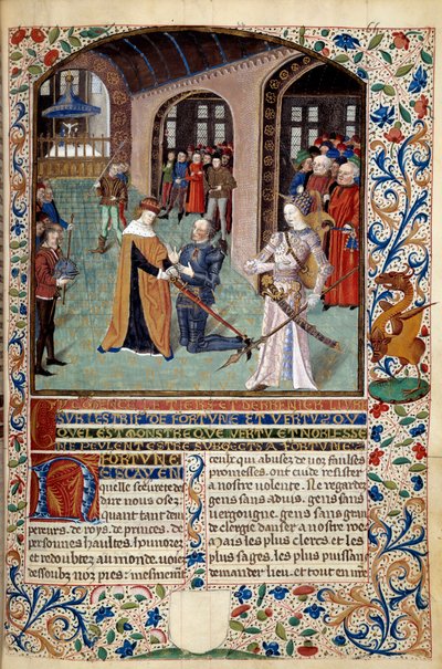 Alegoria da Virtude: vassalo prestando homenagem ao seu senhor na presença da Virtude. Miniatura de "O Espírito da Fortuna e da Virtude" de Martin Le Franc (1410-1461) 1447-1448, Paris B.N. de Martin Le Franc