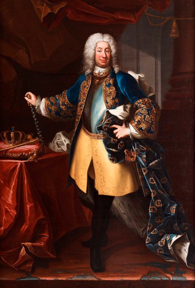 Retrato de Frederic I (Frederick I) (1676-1751) roi de Suede et prince de Finlande (Retrato do Rei Frederick I da Suécia (1676-1751)) Peinture de Martin Meytens dit le jeune (1695-1770), ca 1730 - Óleo sobre tela, 234x158 - Coleção Particular de Martin Meytens the Younger