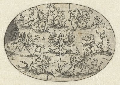 Oval com águia rodeada de leões e criaturas de fantasia
Nev Thier Bvechlein (título da série) de Martin Pleginck