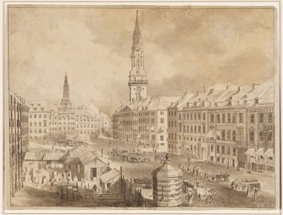 Nytorv e Gammel Torv em Copenhague com as torres de Saint Petris e a Igreja de Nossa Senhora de Martin Rudolf Heland