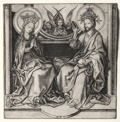 Deus Pai e a Santíssima Virgem Entronizada, Assistida por Anjos, c. 1480-90. de Martin Schongauer