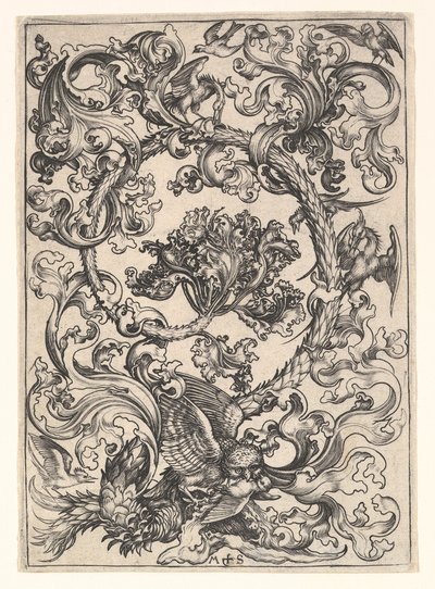 Ornamento com coruja zombada por pássaros do dia, ca. 1435-1491. de Martin Schongauer