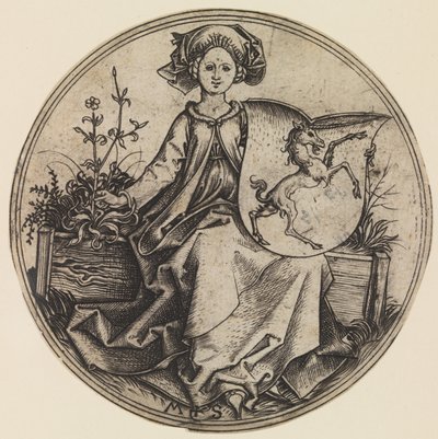 Senhora sentada segurando um escudo com um Unicórnio, ca. 1435-1491., ca. 1435-1491. de Martin Schongauer