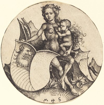 Escudo com cabeça de leão, segurado pela mulher selvagem de Martin Schongauer