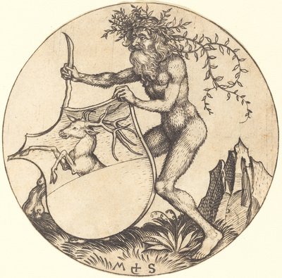 Escudo com veado, mantido pelo homem selvagem de Martin Schongauer
