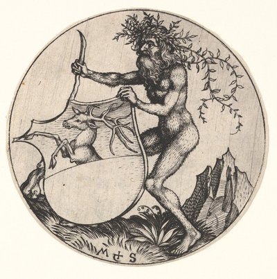 Escudo com Veado Realizado por Homem Selvagem, ca. 1435-1491. de Martin Schongauer