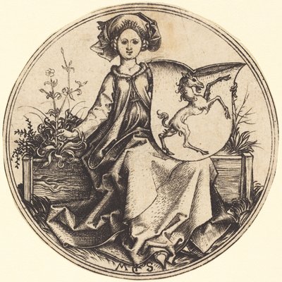 Escudo com unicórnio, segurado por uma mulher de Martin Schongauer