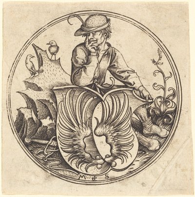 Escudo com asas, segurado pelo camponês de Martin Schongauer