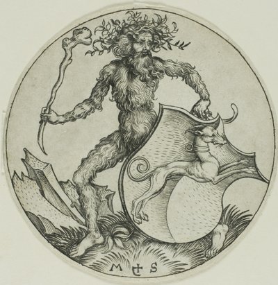 Escudo com um galgo, agarrado por um homem selvagem de Martin Schongauer