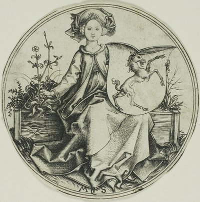 Escudo com um unicórnio, segurado por uma senhora de Martin Schongauer