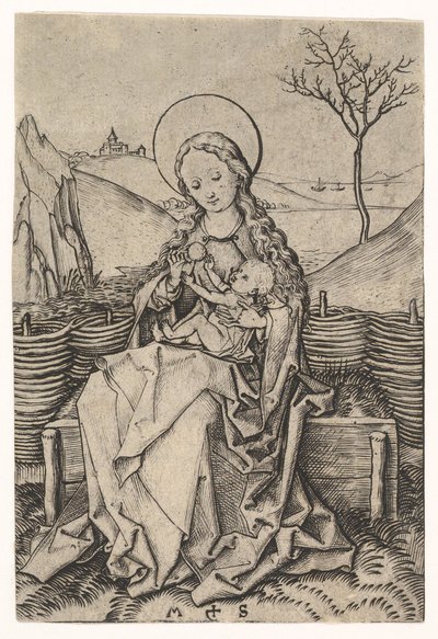 Virgem e criança em um banco gramado, ca. 1435-1491. de Martin Schongauer