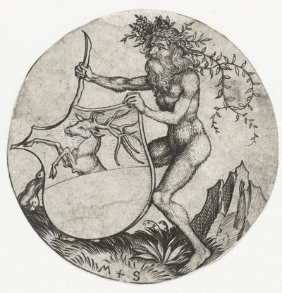 Brasão com um veado, segurado por um homem selvagem com um clube Figuras com brasões (título da série) de Martin Schongauer