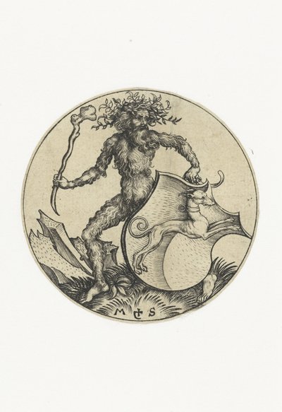 Brasão de armas com um cão segurado por um homem selvagem com um clube
Figuras com brasões de armas (título da série) de Martin Schongauer
