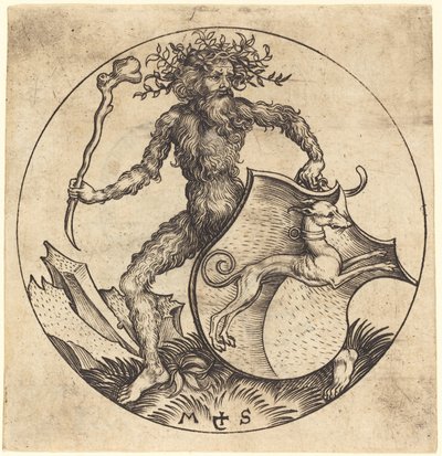 Homem selvagem segurando um escudo com um galgo de Martin Schongauer
