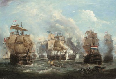 O navio-estandarte inglês Venerable a envolver o navio-estandarte holandês Vrijheid na Batalha de Camperdown de Martin Schouman