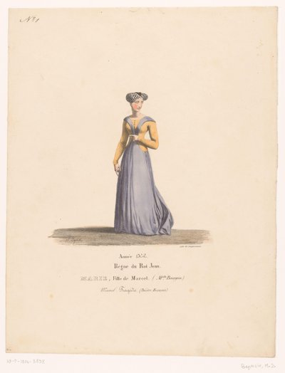 Kostuum van Marie Marcel uit de tragedie Marcel
Marie, fille de Marcel (título sobre o objecto)
Theaterkostuums (título da série)
O Teatro Francês: uma colecção de trajes de MM. J. Alaux e L. Duponchel após os desenhos manuscritos da Bibliothèque de la  de Martin Sylvestre Baptiste