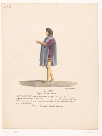 Kostuum van de dauphin Karel van Valois uit de tragedie Marcel Carlos, Duque da Normandia (título no objeto) Theaterkostuums (título da série) Teatro Francês: coleção de figurinos de MM. J. Alaux e L. Duponchel de desenhos manuscritos na Bibliot de Martin Sylvestre Baptiste