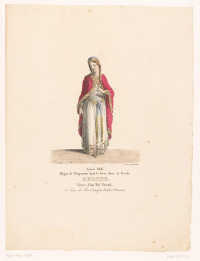 Kostuum van koningin Berthe uit de tragedie O cerco de Paris Berthe (título no objeto) Theaterkostuums (título da série) Teatro Francês: coleção de figurinos de MM. J. Alaux e L. Duponchel com base em desenhos manuscritos da Bibliothèque de la Comédie- de Martin Sylvestre Baptiste