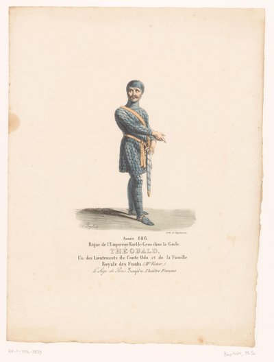 Kostuum van Ridder Théobald uit de tragedie O Cerco de Paris Theobald (título no objeto) Theaterkostuums (título da série) Teatro Francês: coleção de figurinos de MM. J. Alaux e L. Duponchel de desenhos manuscritos na Comédie Library de Martin Sylvestre Baptiste