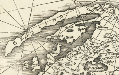 Mapa de 1513 do Mar do Norte mostrando a Gronelândia ligada à Escandinávia de Martin Waldseemuller