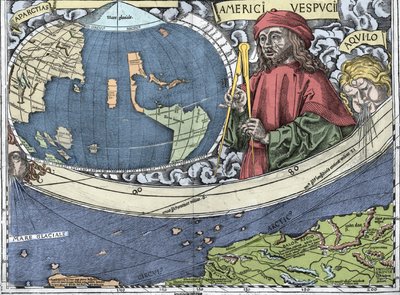 VESPUCCI, Amerigo (1454-1512). Explorador italiano e cartografia em "Waldseemuller map ou Universalis Cosmographia - (Cosmografia Universal) - Waldseemuller Planisphere" - 1507 - de Martin Waldseemuller