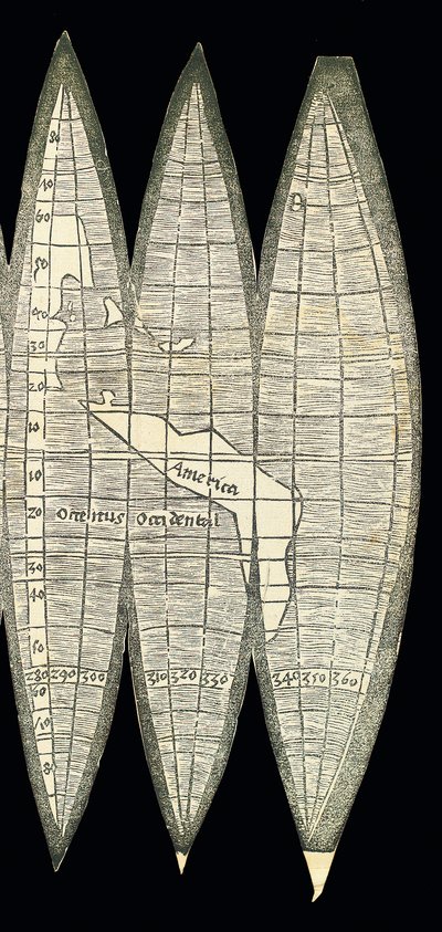 Mapa mundial na forma de um conjunto de gomos do globo terrestre, 1507 de Martin Waldseemuller