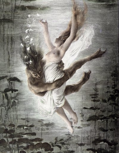 Monstro marinho raptando uma jovem mulher (detalhe de 14299), "Allegorien", Martin Gerlach, c. 1900. de Martin senior Gerlach