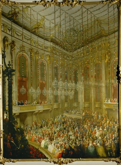 Concerto de casamento do Imperador José II e Isabel de Parma; serenata no Redoutensaal do Palácio Imperial de Viena ... (óleo sobre tela) de Martin van Mytens or Meytens