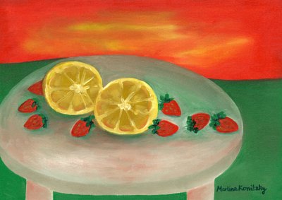 Frutas na pequena mesa de jardim ao sol da manhã de Martina Konitzky