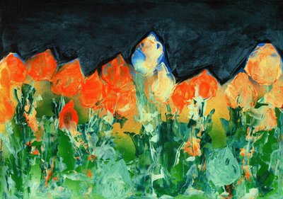 Céu de chuva negra sobre uma paisagem de montanha com flores de Martina Konitzky