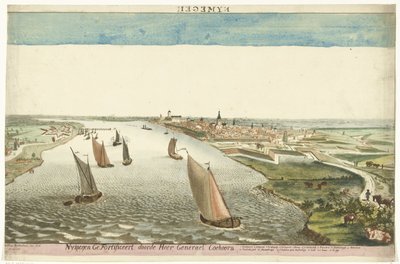 Vista das fortificações em Nijmegen, no rio Waal
Nymegen Fortificado pelo Senhor Generael Coehoorn (título sobre o objecto) de Martinus Berkenboom
