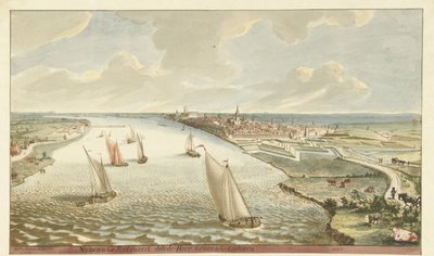 Vista das fortificações perto de Nijmegen no Waal Nymegen Fortificada por Sir General Coehoorn (título no objeto) de Martinus Berkenboom