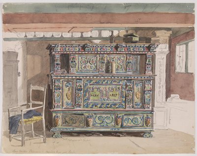 Armário pintado, datado de 1727, numa sala de estar de Læsø de Martinus Rørbye