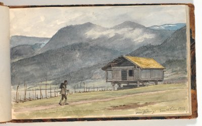 Paisagem montanhosa com cabine e caminhante de Martinus Rørbye