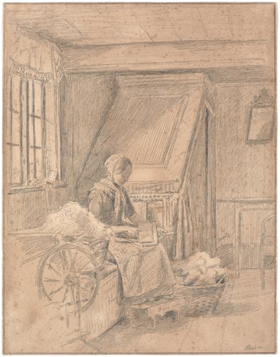 Casa de fazenda com menina cardando lã de Martinus Rørbye
