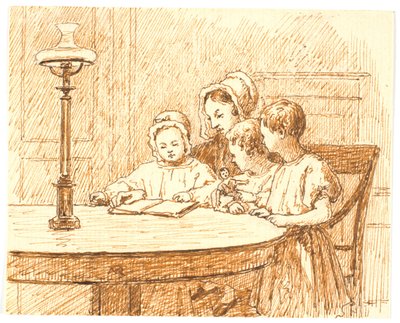 Uma mãe mostra a três crianças um livro de Martinus Rørbye