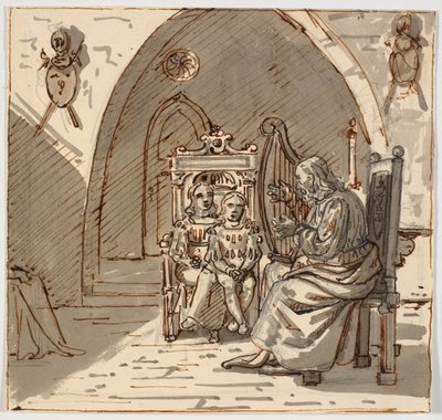 Cena "gótica". Um skald toca harpa para duas crianças em um trono de Martinus Rørbye