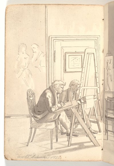 Interior da academia com jovens artistas desenhando de Martinus Rørbye