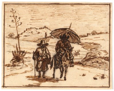 Paisagem italiana com cavaleiro de burro e um pedestre de Martinus Rørbye