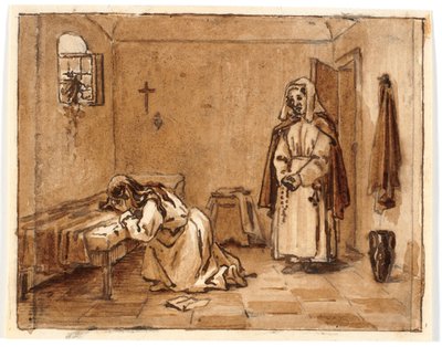 Estudo de composição com uma mulher chorando de joelhos, no chão uma carta, atrás dela uma freira de Martinus Rørbye