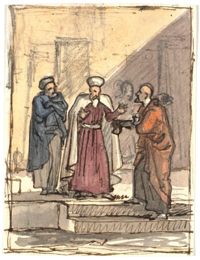 Estudo de composição com três homens em pé em uma escada de dois degraus de Martinus Rørbye