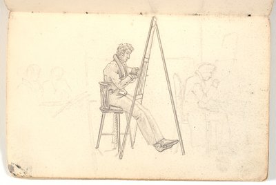 Artista em cavalete, bem como esboços de figuras ao fundo de Martinus Rørbye