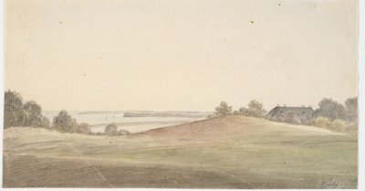 Paisagem com água ao fundo e casa t.h. de Martinus Rørbye