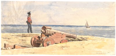 Sentinela e canhão na praia de Frederikshavn de Martinus Rørbye