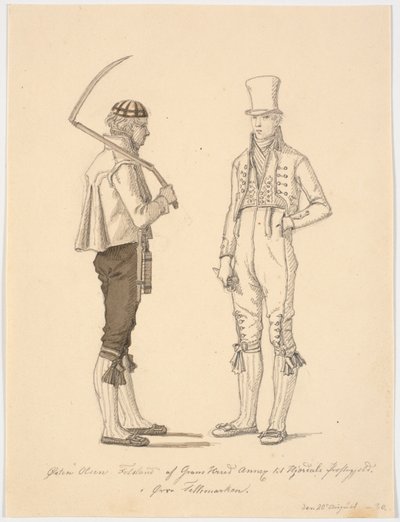 Agricultor em pé com foice e agricultor em traje da cidade de Martinus Rørbye